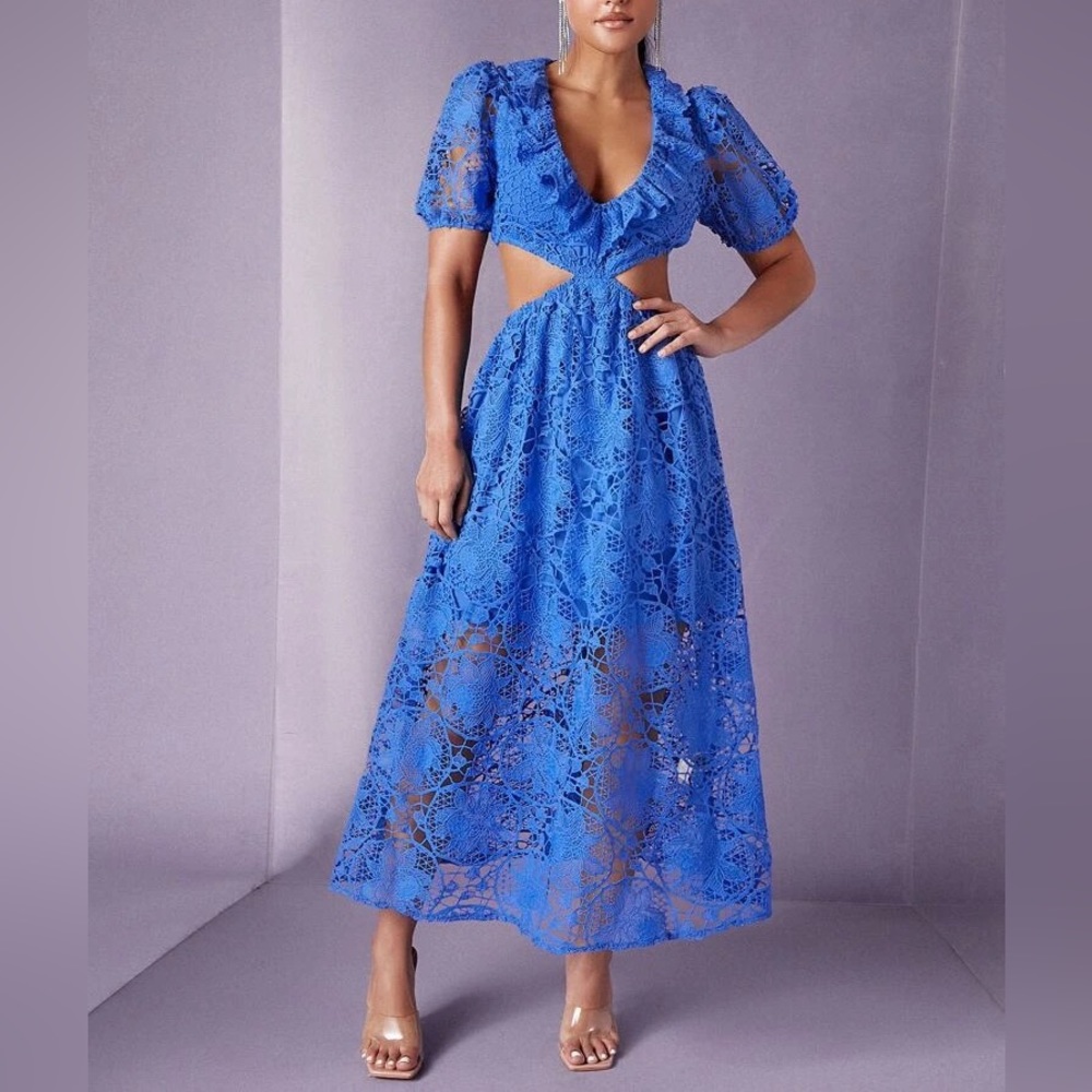 Ruffle Trim Cut Out Waist Lace Overlay Dress